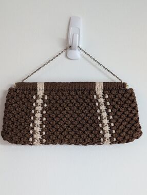 Vintage Brown Macrame Clutch with Cream Stripe - Women's Bag 12"x5"